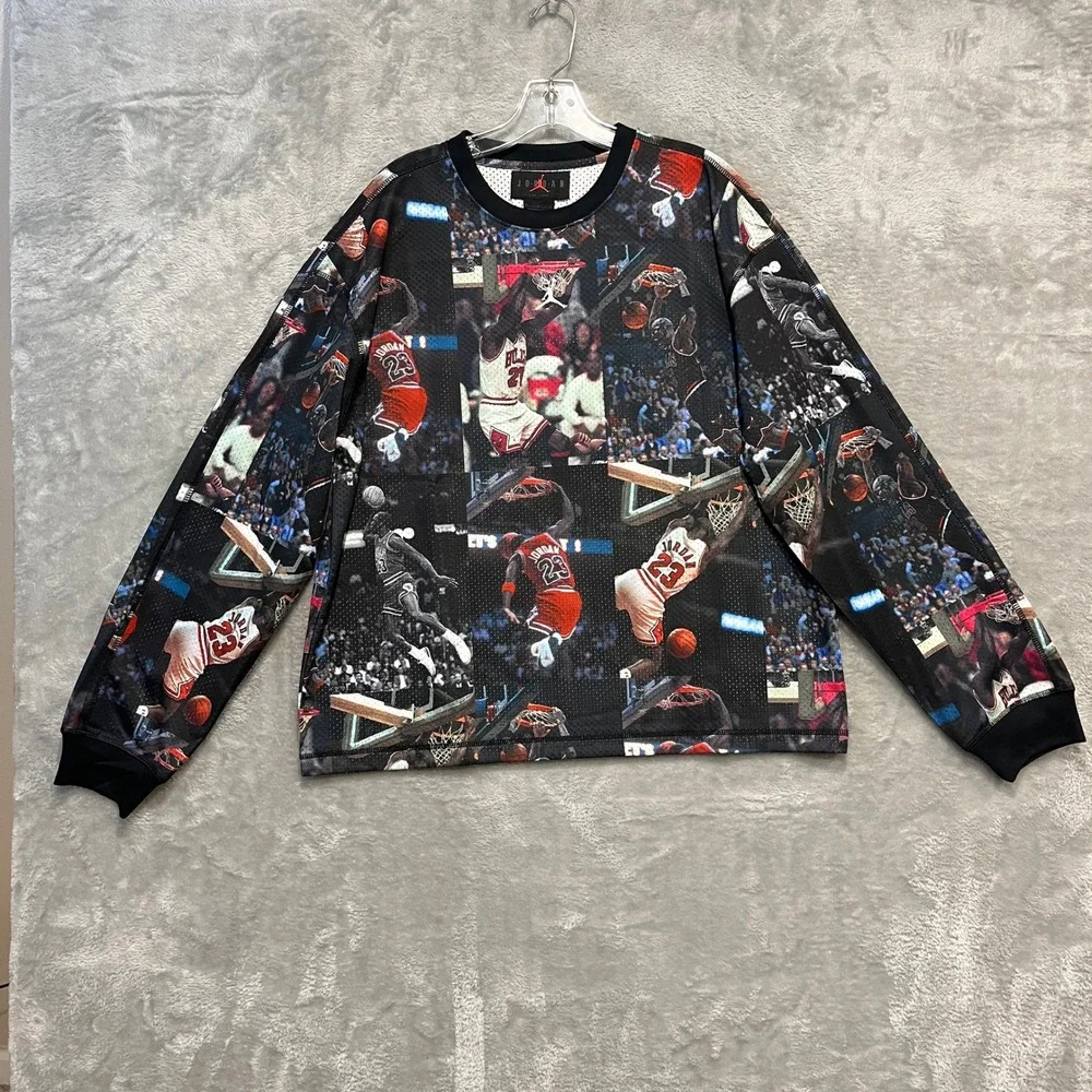Air Jordan Flight Long Sleeve Shirt Mens M Black All Over Print Mesh IF1831-010